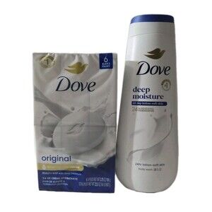 Dove‎ Deep Moisture Body Wash 20oz + Beauty Bar Soap White 3.75oz 6 Pack